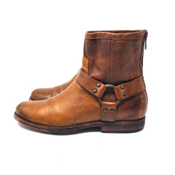 FRYE Phillip Harness Leather Ankle Boots Brown Moto Biker 76870 Size 7.5 - Picture 4 of 10